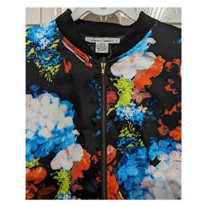 Sans Souci Black Multicolor Floral Bomber Style Jacket sz Large Women's